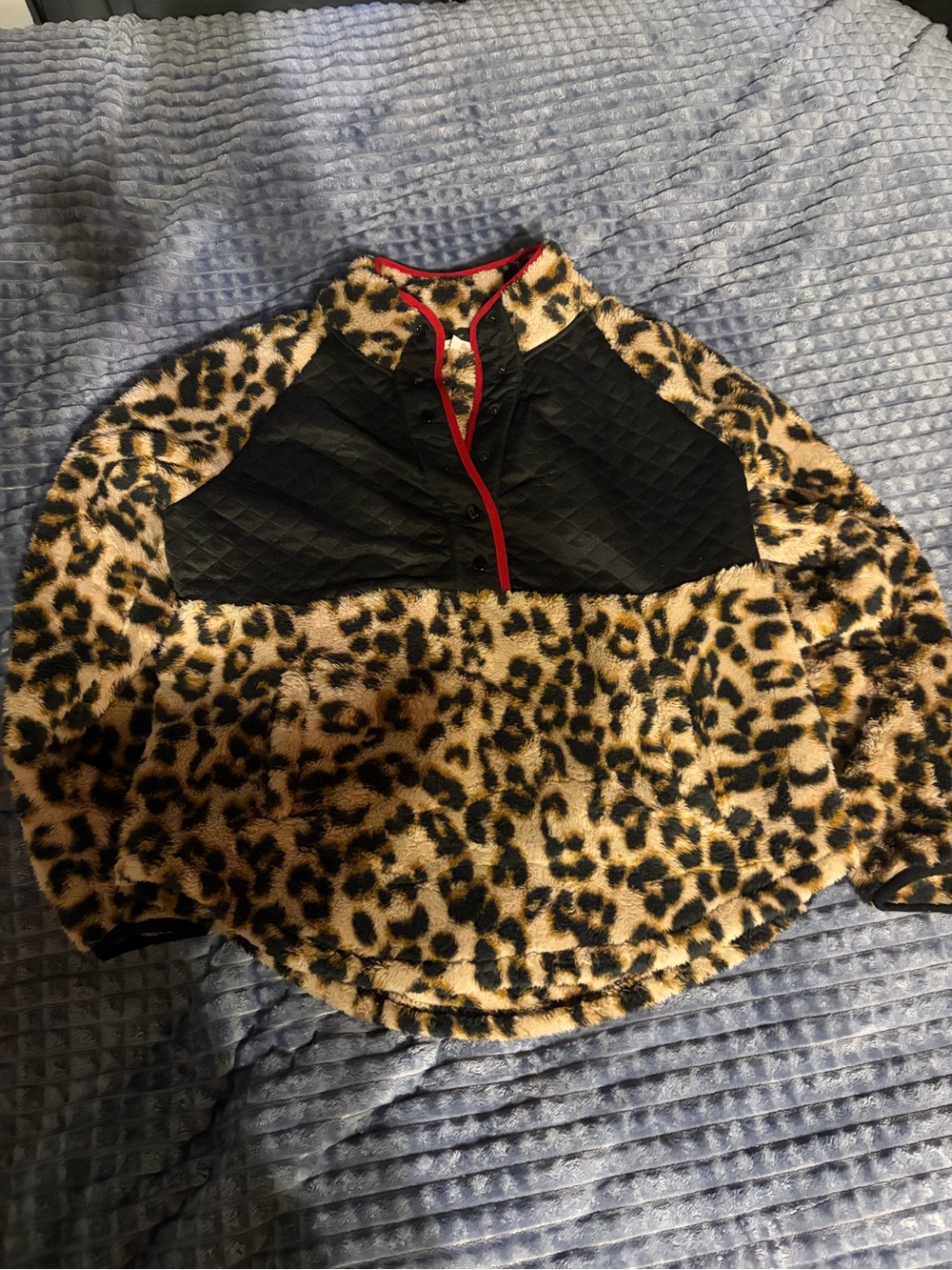 Maurices Leopard Teddy Jacket with Black Quilted Yoke and Red Trim